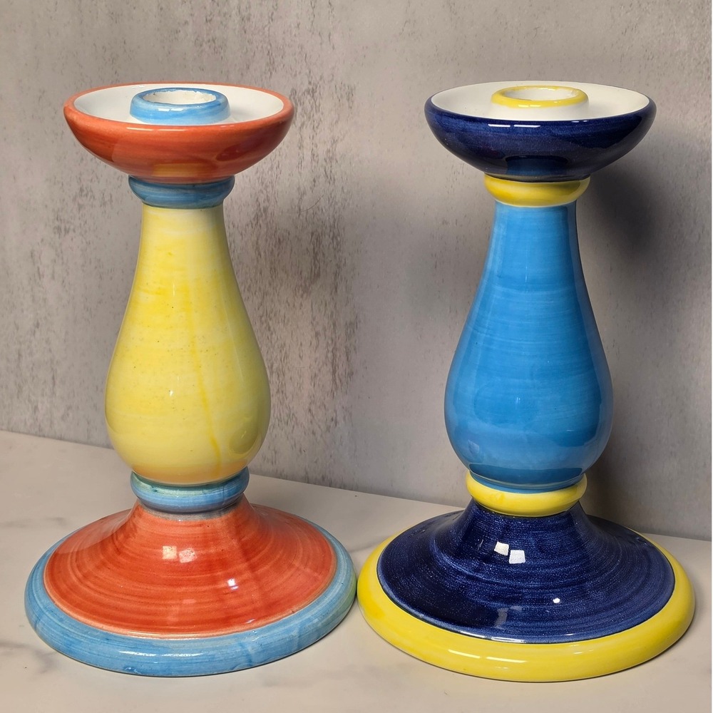 Colorful Ceramic‎ Candlestick Holders Mediterranean Italy Set of 2